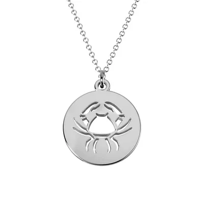 Collier à pendentif en forme de disque ajouré avec signe astrologique du Cancer en or blanc 14 ct