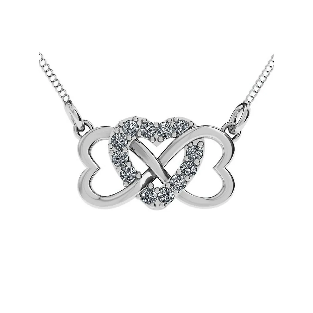 Collier à pendentif à motif d'infini en or blanc 14 ct avec trois cœurs à cristaux
