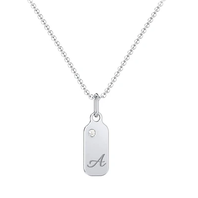 Collier en or blanc 10 ct de style ferret avec plaque d'identité diamant 0,01 PT Duchess