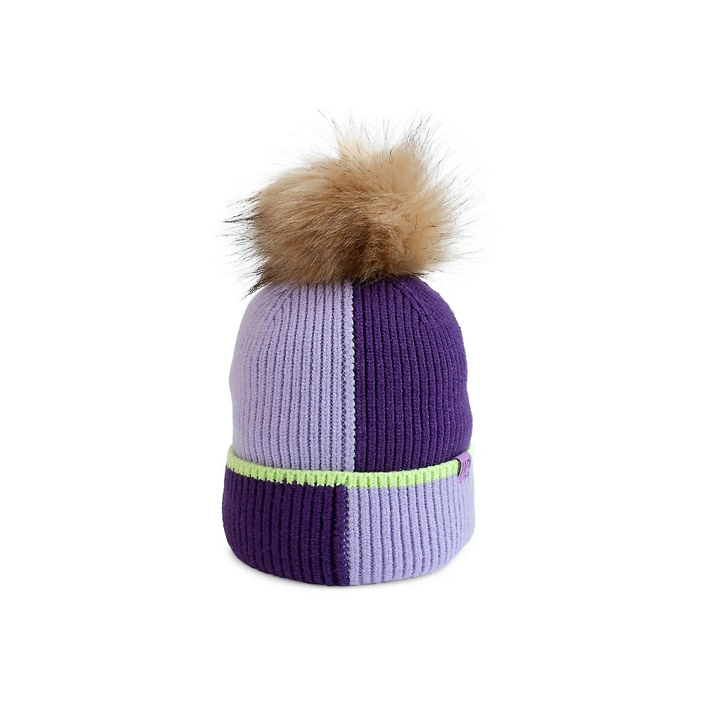 Girl's Colourblock Faux Fur Pom-Pom Toque