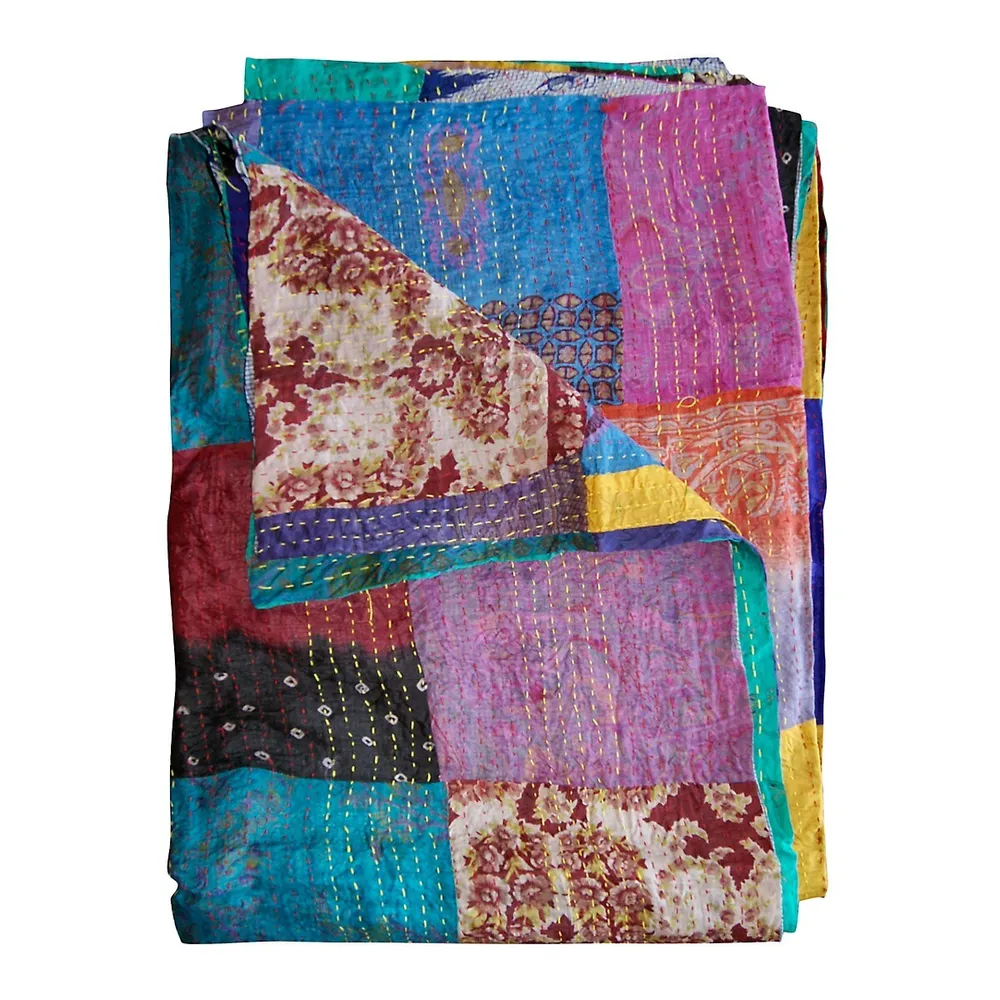 Kantha Quilted 60X90-Inch Silk Throw Blanket