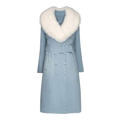 Light Wash Denim Trench With Faux Fur Collar