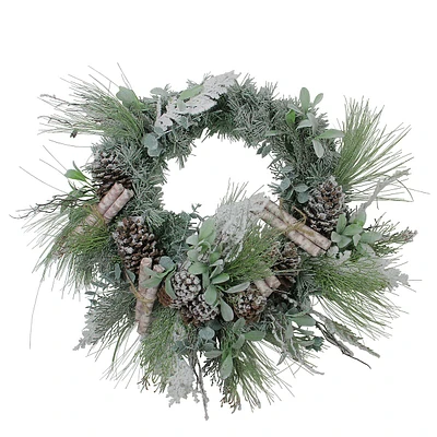 24" Artificial Frosted Pine, Birch Scrolls And Pine Cone Christmas Wreath - Unlit