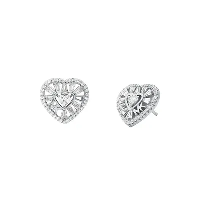 Women's Premium Kors Love Sterling Silver Tapered Baguette Heart Stud Earrings