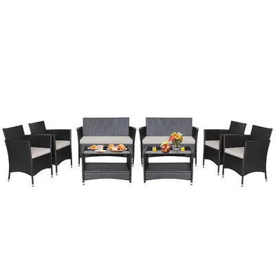8pcs Patio Rattan Furniture Set Armrest Cushion Sofa Coffee Table With Shelf Garden