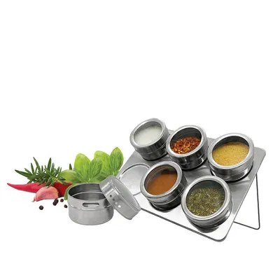 Set Of 6 Magnetic Spice Jars With Storage Tray, Stainless Steel