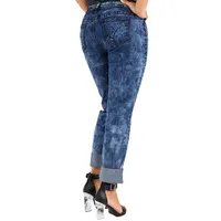 Women's Curvy Fit Blue Stretch Encrusted Diamond Boyfriend Jeans
