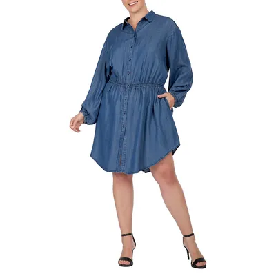 Women's Plus Buttoned Down Elastic Waist Shirt Dress