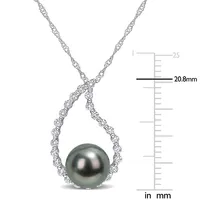 Tahitian Cultured Pearl And 3/8 Ct Tgw White Sapphire Teardrop Pendant With Chain In 10k White Gold