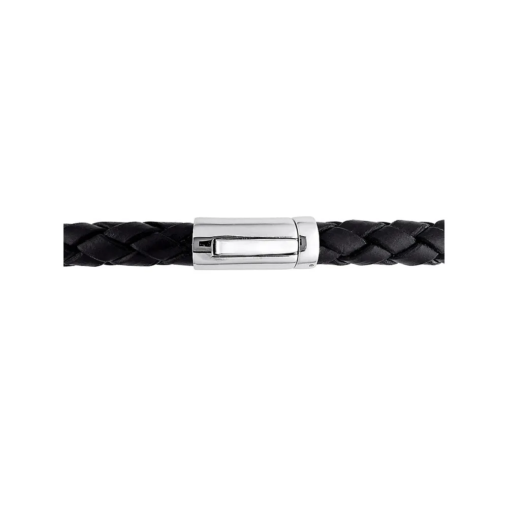 Men's Sterling Silver, 7.5-8MM Black Cultured Freshwater Pearl, 0.1 CT. T.W. Diamond Accent and Braided Black Leather Bracelet