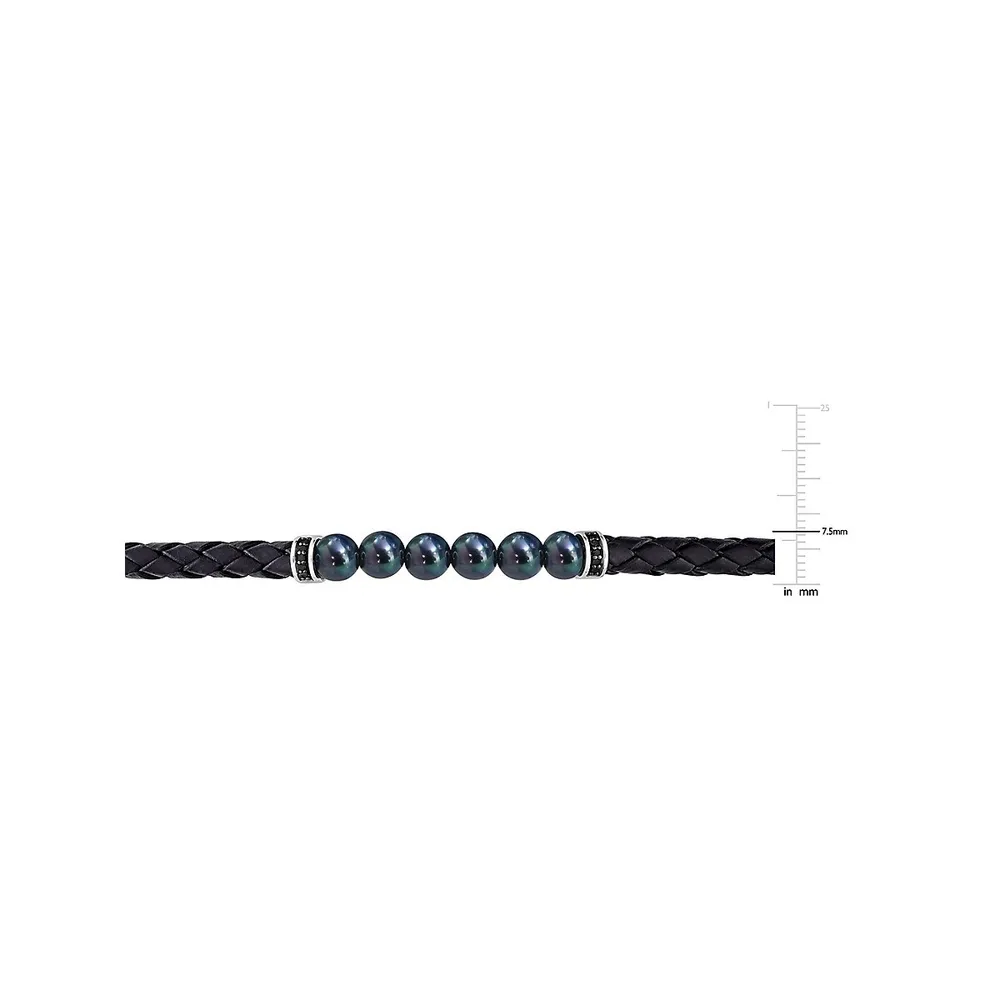 Men's Sterling Silver, 7.5-8MM Black Cultured Freshwater Pearl, 0.1 CT. T.W. Diamond Accent and Braided Black Leather Bracelet