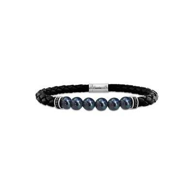 Men's Sterling Silver, 7.5-8MM Black Cultured Freshwater Pearl, 0.1 CT. T.W. Diamond Accent and Braided Black Leather Bracelet