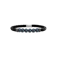 Men's Sterling Silver, 7.5-8MM Black Cultured Freshwater Pearl, 0.1 CT. T.W. Diamond Accent and Braided Black Leather Bracelet