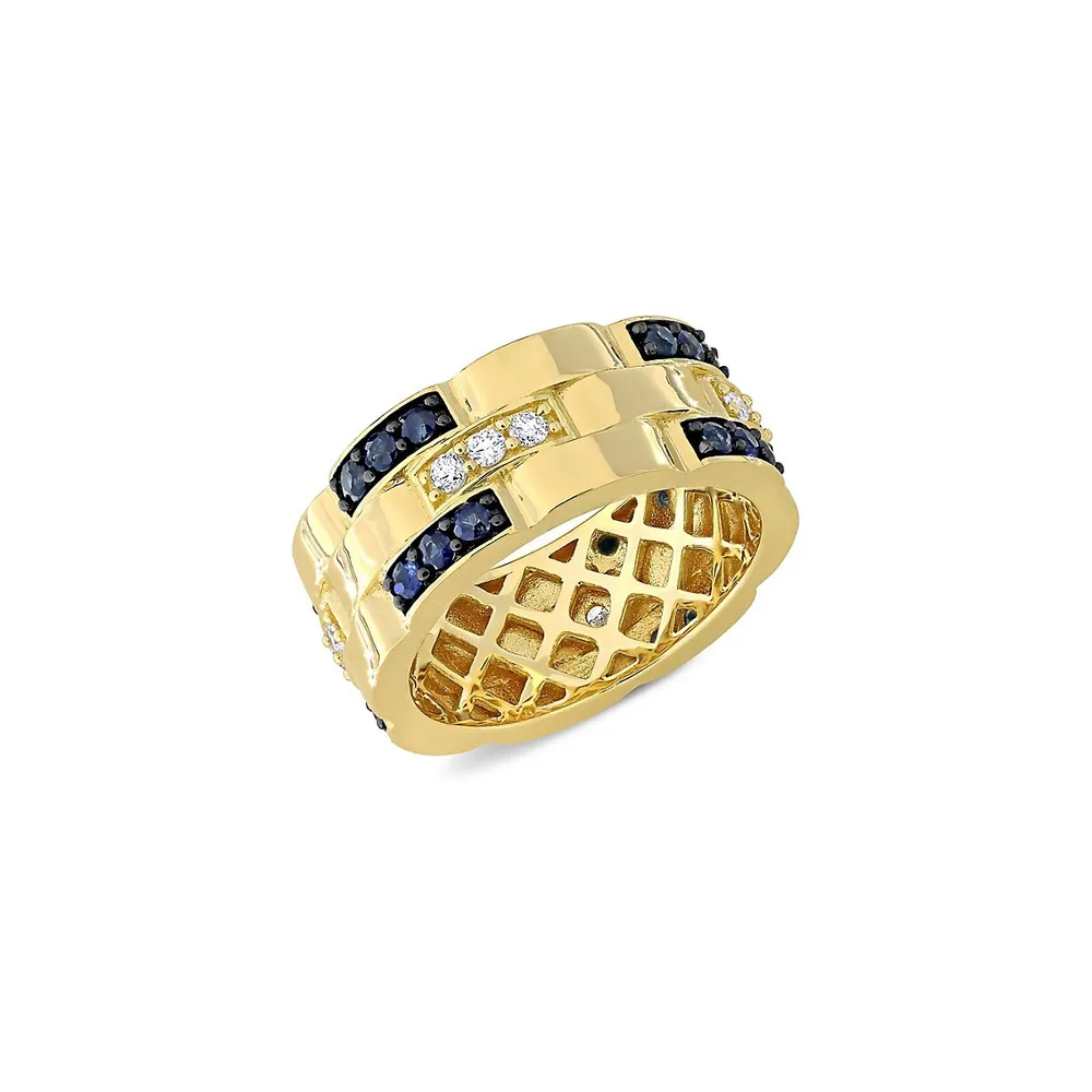 Men's 14K Yellow Gold, 0.42 CT. T.W. Diamond and Blue Sapphire Triple-Band Ring