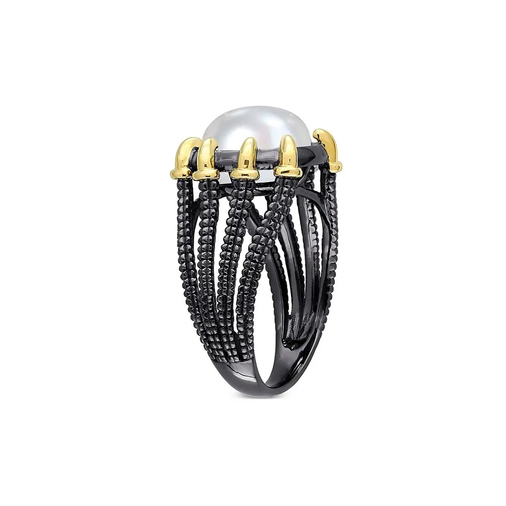 Men's Black Rhodium-Plated and Yellow Sterling Silver, 10.5-11MM Cultured Freshwater Pearl Multi-Shank Ring