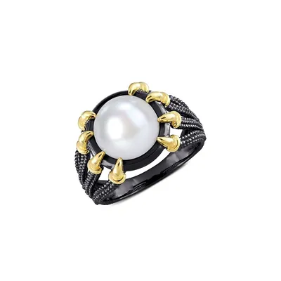 Men's Black Rhodium-Plated and Yellow Sterling Silver, 10.5-11MM Cultured Freshwater Pearl Multi-Shank Ring