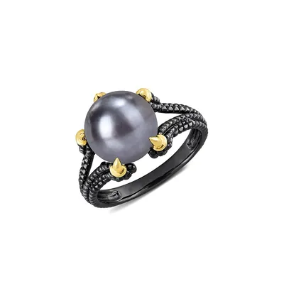 Men's Two-Tone Sterling Silver and 10.5-11MM Black Cultured Freshwater Pearl Split-Shank Ring