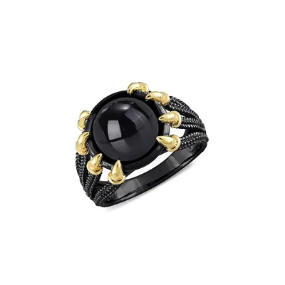 Men's Two-Tone Sterling Silver and Black Agate Split-Shank Ring