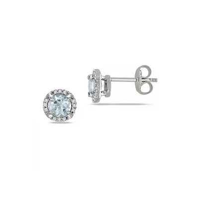 0.5 CT. T.W. Diamond and Aquamarine Halo Sterling Silver Stud Earrings