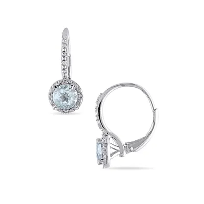 Aquamarine Sterling Silver and 0.06 CT. T.W. Diamond Halo Earrings