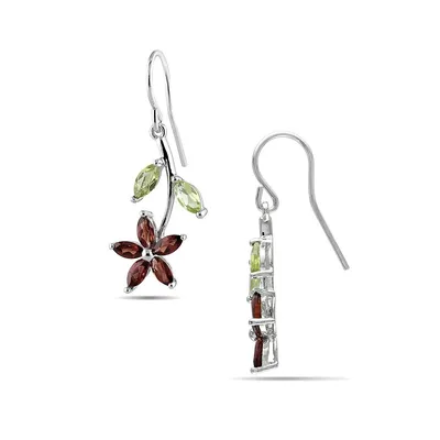 Sterling Silver Garnet and Peridot Flower Earrings