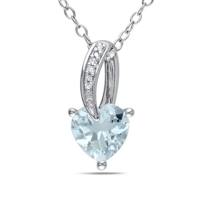 0.018 CT. T.W. Diamond Heart and Aquamarine Sterling Silver Necklace
