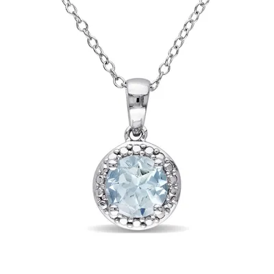 Aquamarine Halo Sterling Silver Necklace