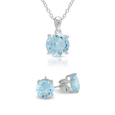 Blue Topaz Solitaire Sterling Silver Earrings and Necklace Set