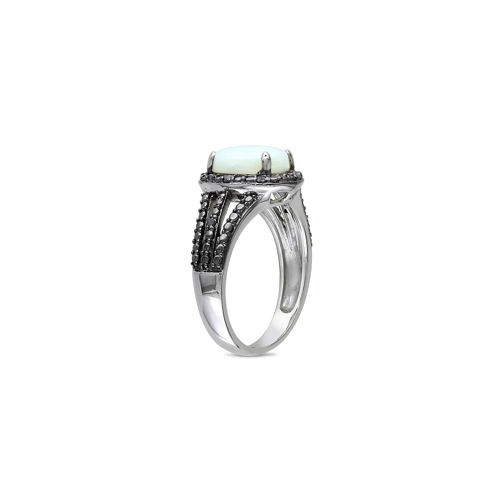 0.10 CT. T.W. Black Diamond and Opal Halo Sterling Silver Ring