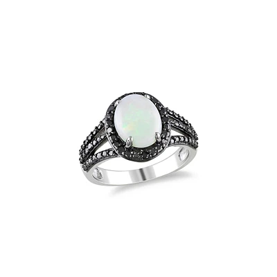 0.10 CT. T.W. Black Diamond and Opal Halo Sterling Silver Ring