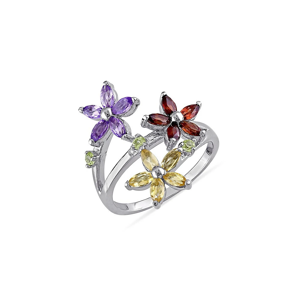 Sterling Silver Multi-Gemstone Flower Ring