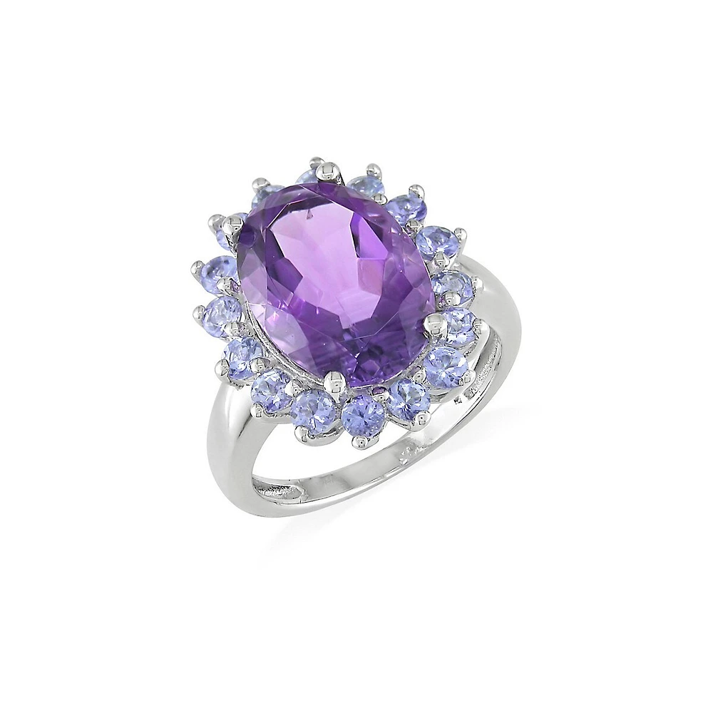 Bague auréole en argent sterling avec tanzanites et améthyste