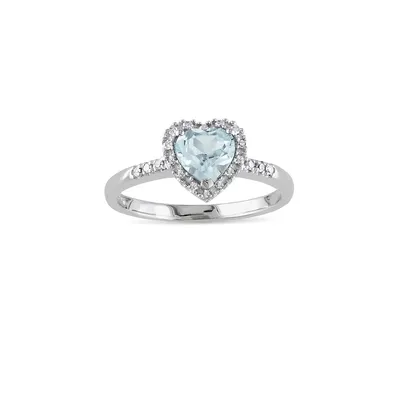 0.10 CT. T.W. Diamond and Aquamarine Halo Heart Sterling Silver Ring