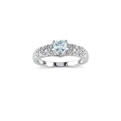 0.05 CT. T.W. Diamond and Aquamarine Heart Sterling Silver Ring