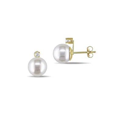 8-9mm Cultured Pearl and 14K Yellow Gold Stud Earrings with 0.10 CT. T.W. Diamonds