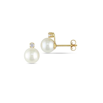 6.5-7MM White Cultured Akoya Pearl 14K Yellow Gold Diamond Stud Earrings