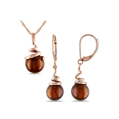Ensemble collier et boucles d'oreilles en or rose 14 K avec perles d'eau douce cultivées brunes et rondes de 8 à 8,5 mm