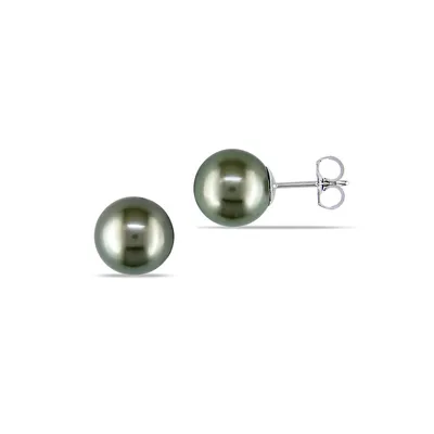 9-10MM Black Cultured Tahitian Pearl 14K White Gold Stud Earrings