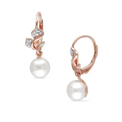 7.5-8mm Pearl and 0.10 CT. T.W. Diamond Floral Drop Earrings