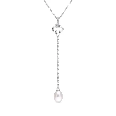 8-8.5MM Cultured Freshwater Pearl and White Topaz Quatrefoil Drop Necklace
