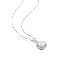 7.5-8MM Cultured Freshwater Pearl Halo Necklace and Earrings Set with 0.10 CT. T.W. Diamonds