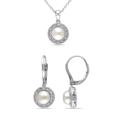 7.5-8MM Cultured Freshwater Pearl Halo Necklace and Earrings Set with 0.10 TCW Diamonds
