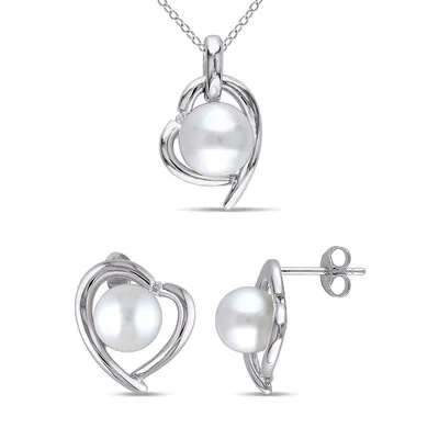 8-9MM Cultured Freshwater Pearl Heart Necklace and Earrings Set with 0.06 TCW Diamonds