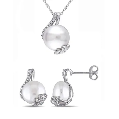 10-12.5MM Cultured Freshwater Pearl Floral Necklace and Earrings Set with 0.20 TCW Diamonds