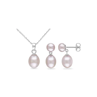 Pink Freshwater Pearl Sterling Silver Necklace and Earrings Set