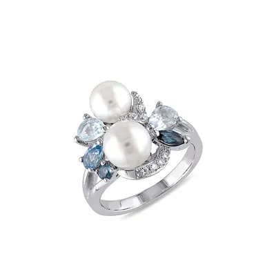Cultured 6.5-8MM Freshwater Pearl & Multi-Gemstone Cluster Sterling Silver Ring