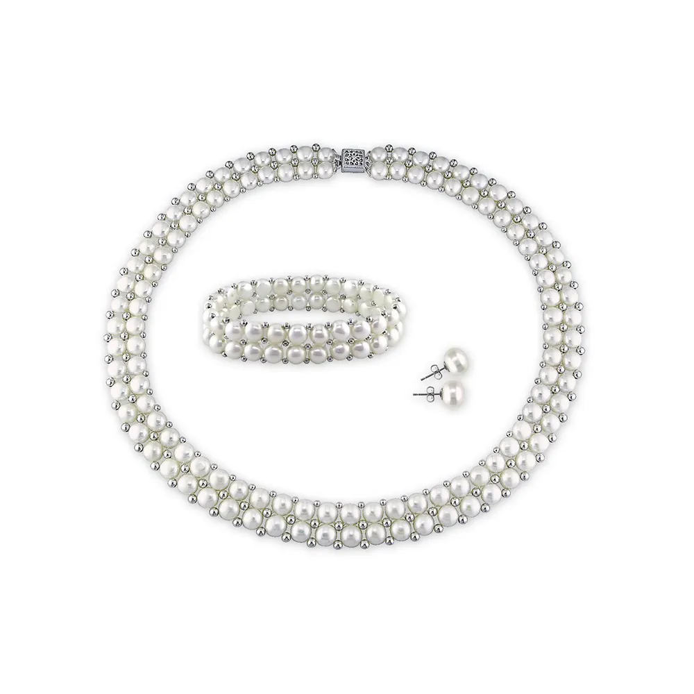 6-8mm White Button Freshwater Pearl Sterling Silver Necklace, Bracelet and Earrings Set