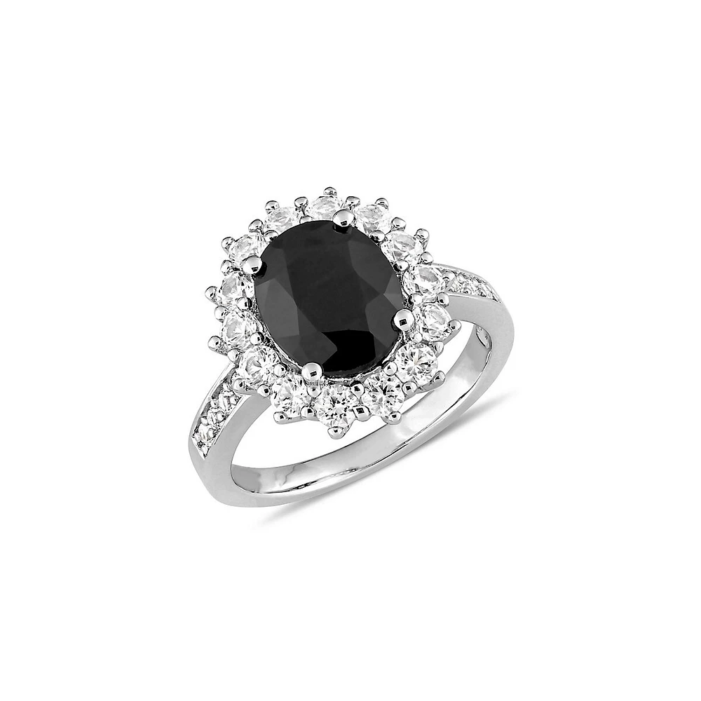 Sterling Silver, Black Sapphire and White Halo Cocktail Ring