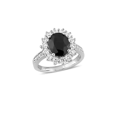 Sterling Silver, Black Sapphire and White Halo Cocktail Ring