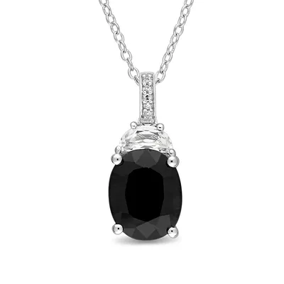 Sterling Silver Pendant Necklace with Black Sapphire, White Sapphire and 0.015 TCW Diamond